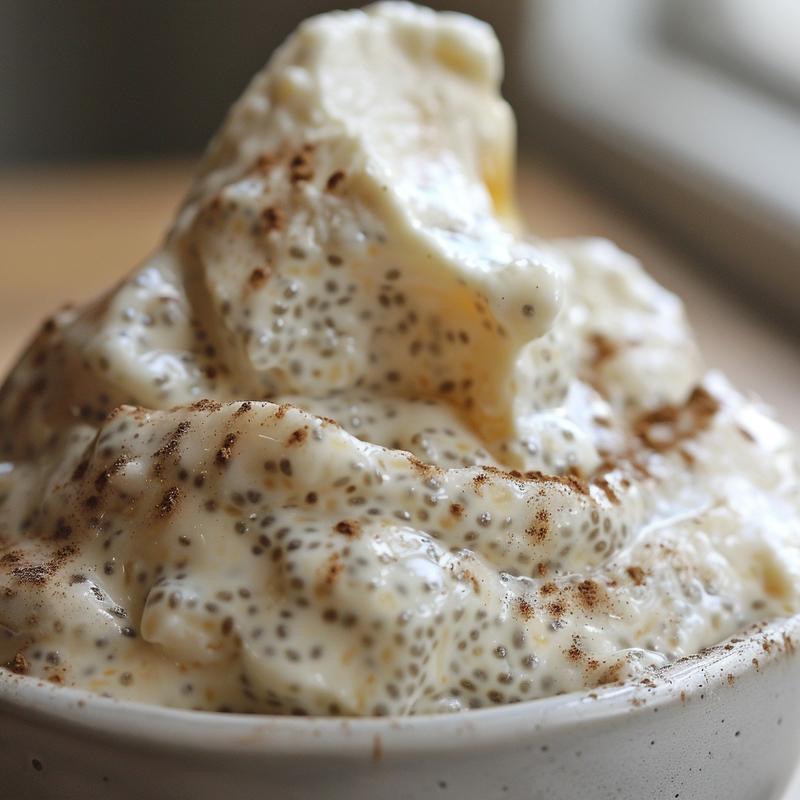 Close-up of chia pudding with visible seeds and creamy texture.