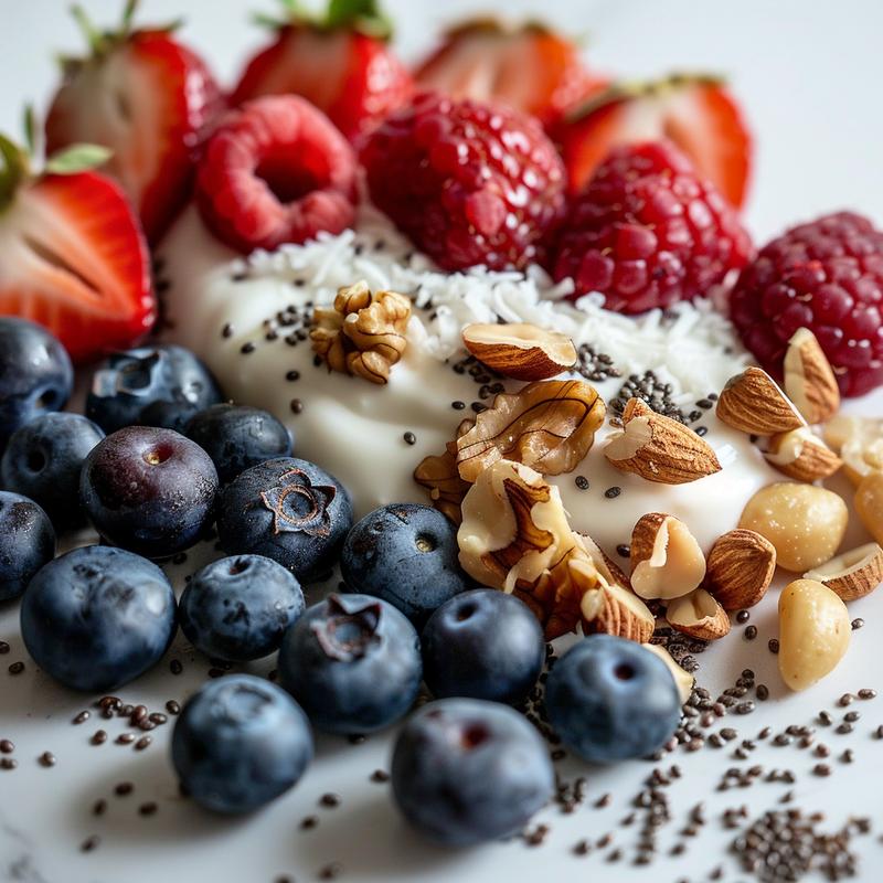 Close-up of keto Greek yogurt parfait with berries and nuts.