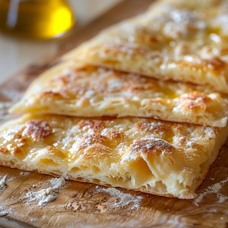 Close-up of Greek yogurt flatbread on a wooden board.