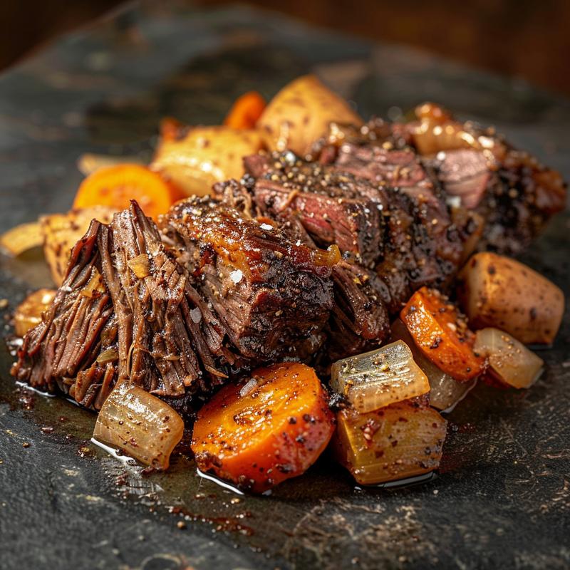 Close-up of pot roast with vegetables on a dark surface.