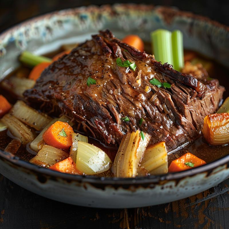 Close-up of pot roast with vegetables on a dark wooden table.