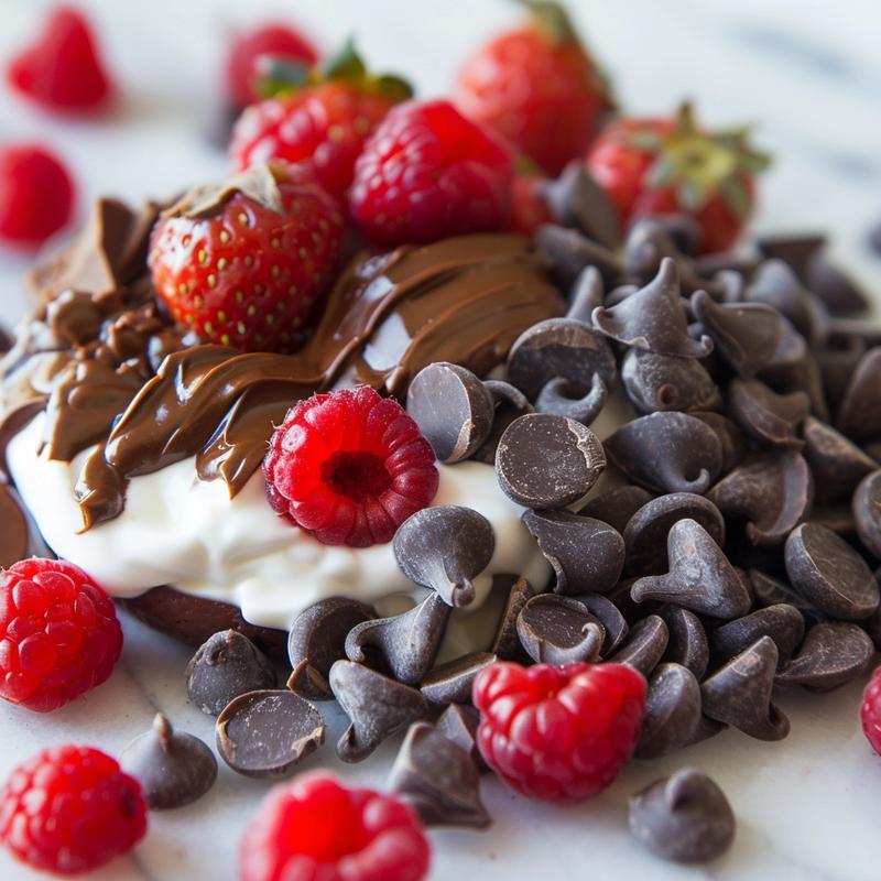 Close-up of chocolate Greek yogurt with toppings.