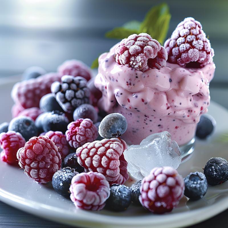 Close-up of a berry smoothie with visible berries and yogurt.